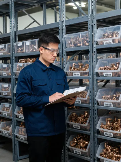 Warehouse planner checking valve inventory bins