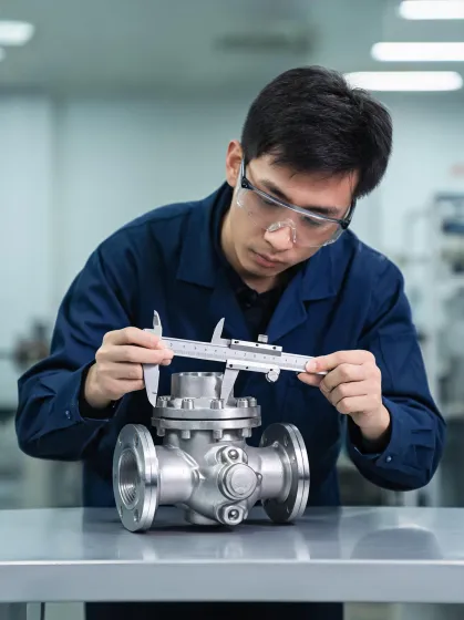 Quality technician measuring valve body dimensions