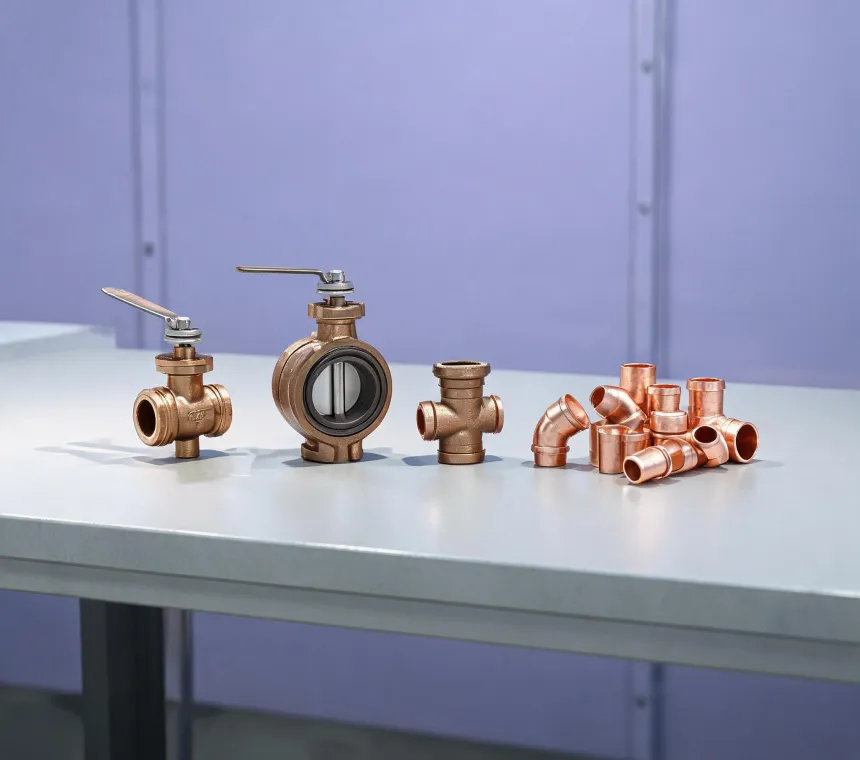 Pipe valves and copper fittings on a technical workbench