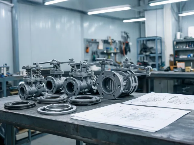 Check valves and butterfly valves on a plant bench