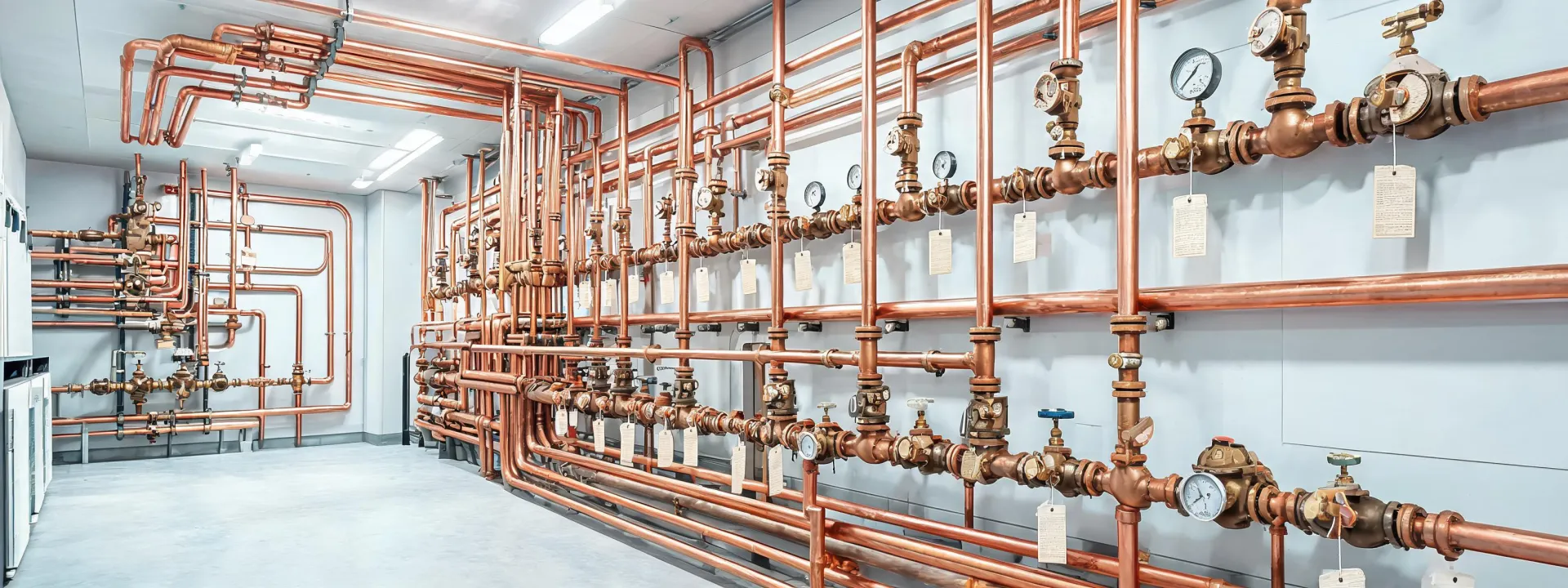 Commercial mechanical room with valves and copper piping